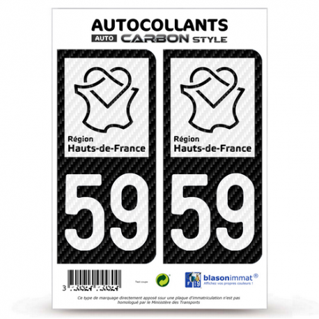 2 Stickers plaque immatriculation Auto 59 Hauts-de-France - LT bi-ton Carbone-Style