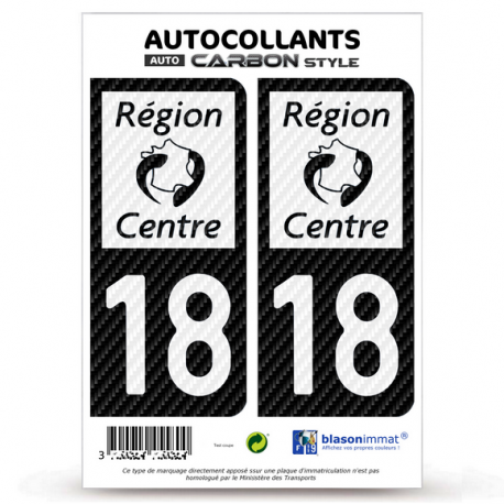 2 Stickers plaque immatriculation Auto 18 Centre - LT bi-ton Carbone-Style