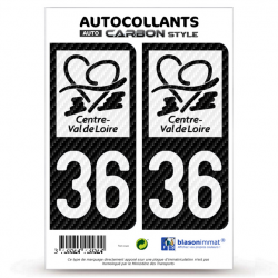 2 Stickers plaque immatriculation Auto 36 Centre-Val de Loire - LT bi-ton Carbone-Style