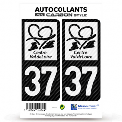 2 Stickers plaque immatriculation Auto 37 Centre-Val de Loire - LT bi-ton Carbone-Style