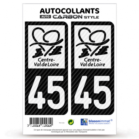 2 Stickers plaque immatriculation Auto 45 Centre-Val de Loire - LT bi-ton Carbone-Style