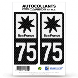 2 Stickers plaque immatriculation Auto 75 Île-de-France - LT bi-ton Carbone-Style