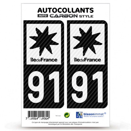 2 Stickers plaque immatriculation Auto 91 Île-de-France - LT bi-ton Carbone-Style