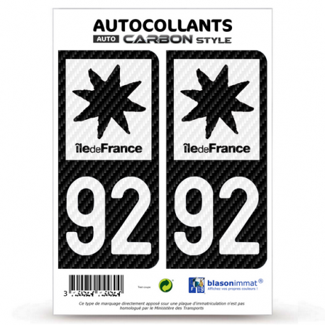 2 Stickers plaque immatriculation Auto 92 Île-de-France - LT bi-ton Carbone-Style