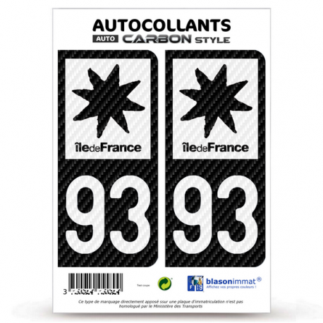 2 Stickers plaque immatriculation Auto 93 Île-de-France - LT bi-ton Carbone-Style