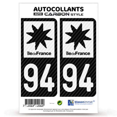 2 Stickers plaque immatriculation Auto 94 Île-de-France - LT bi-ton Carbone-Style