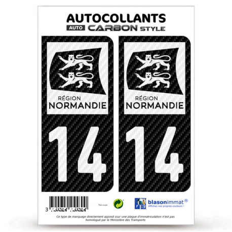 2 Stickers plaque immatriculation Auto 14 Normandie - LT bi-ton Carbone-Style