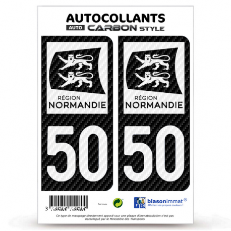 2 Stickers plaque immatriculation Auto 50 Normandie - LT bi-ton Carbone-Style