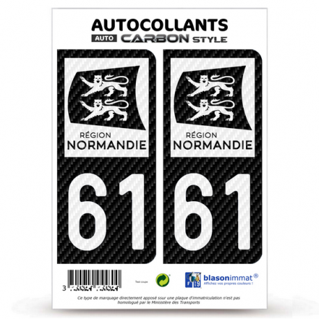 2 Stickers plaque immatriculation Auto 61 Normandie - LT bi-ton Carbone-Style