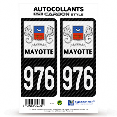 2 Stickers plaque immatriculation Auto 976-H Mayotte - LT Carbone-Style