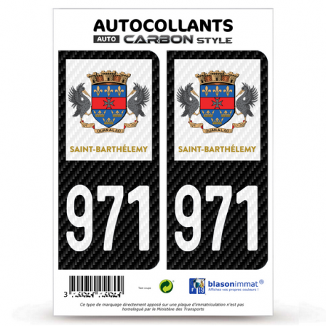 2 Stickers plaque immatriculation Auto 971-H Saint-Barthélemy - COM Carbone-Style