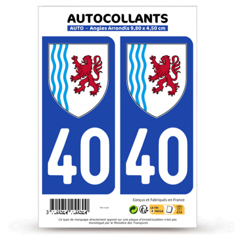 2 Autocollants plaque immatriculation Auto 40 Nouvelle-Aquitaine - LogoType