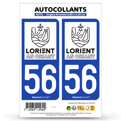 2 Autocollants plaque immatriculation Auto 56 Lorient - Ville