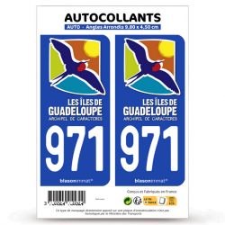 2 Autocollants plaque immatriculation Auto 971 Guadeloupe - Tourisme
