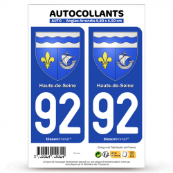 2 Autocollants plaque immatriculation 92 Hauts-de-Seine - Armoiries