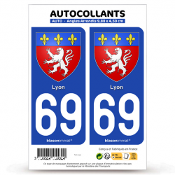 2 Autocollants plaque immatriculation 69 Lyon - Armoiries