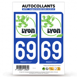 2 Autocollants plaque immatriculation 69 Lyon - Naturel