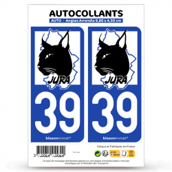 2 Autocollants plaque immatriculation 39 Jura - Authentique